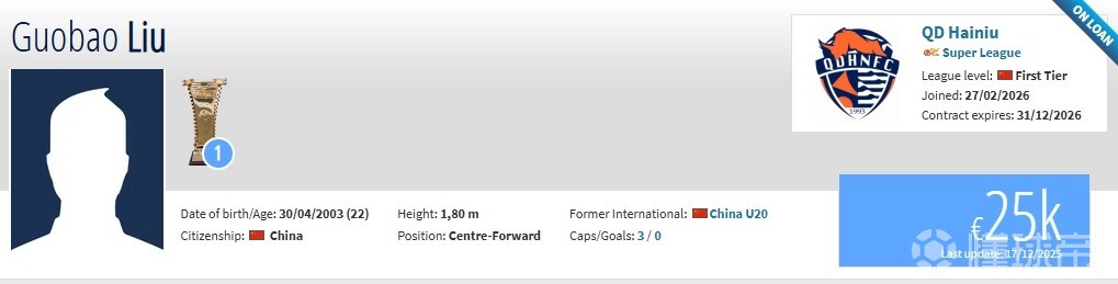 德转：泰山前锋刘国宝租借加盟海牛，租借费约40万人民币